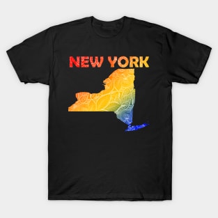 Colorful mandala art map of New York with text in blue, yellow, and red T-Shirt